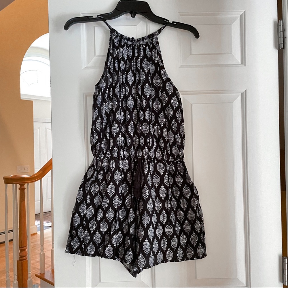 Black and white patterned high neck romper